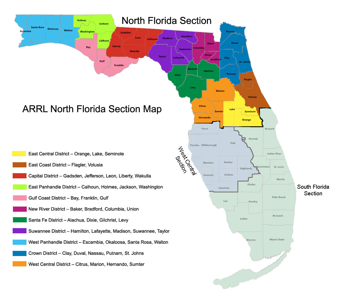Florida Sections Counties Map ARRL Northern Florida Section